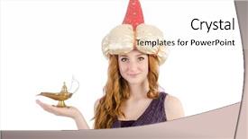  Presentation with smoking magic lamp - Colorful slide deck enhanced with est mago - pretty girl holding magic lamp backdrop and a  colored foreground