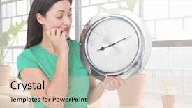  Presentation with clock - Presentation design featuring establishment - digital composite of woman holding background and a  colored foreground