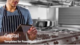  Presentation with using digital tablet - Audience pleasing presentation theme consisting of establishment - male waiter using digital tablet backdrop and a tawny brown colored foreground