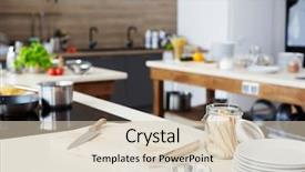  Presentation with cooking equipment kitchen utensils - Slide deck enhanced with establishment - modern workplace of cooking show background and a soft green colored foreground