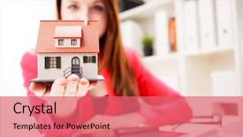  Presentation with hand cute dolls and toy - Amazing slide deck having growth real estate - little house toy in woman's backdrop and a coral colored foreground