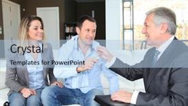  Presentation with real estate - Presentation theme enhanced with estate agent giving house key background and a light blue colored foreground