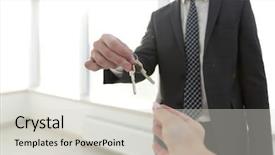  Presentation with estate - Cool new slides with estate agent giving house keys backdrop and a light gray colored foreground