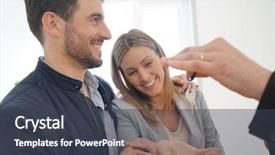  Presentation with new home - PPT theme featuring estate agent handing over keys background and a tawny brown colored foreground