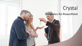  Presentation with new home - Beautiful PPT theme featuring estate agent handing over keys backdrop and a sky blue colored foreground