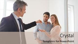  Presentation with new home - Theme consisting of estate agent handing over keys background and a soft green colored foreground