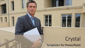  Presentation with property management - PPT theme enhanced with estate-agent stood outside property background and a mint green colored foreground
