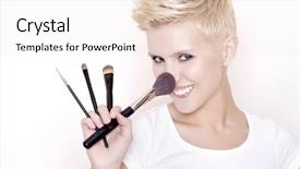  Presentation with artistic artist art brush - PPT theme with esthetic - attractive blonde make-up artist holding background and a sky blue colored foreground
