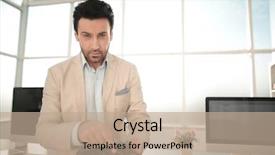  Presentation with calculator parabolic - PPT theme having estimate cost - close up businessman with calculator background and a coral colored foreground