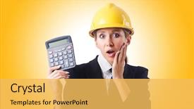 Presentation with construction worker harassment workplace - Slide set featuring estimate cost - female construction worker with calculator background and a yellow colored foreground