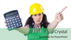  Presentation with cost - Presentation theme featuring estimate cost - woman builder with calculator background and a  colored foreground