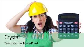  Presentation with cost - PPT theme enhanced with estimate cost - woman builder with calculator background and a  colored foreground