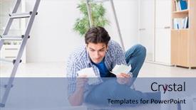  Presentation with reduce budget - Theme featuring estimate cost - young man overspending his budget background and a teal colored foreground