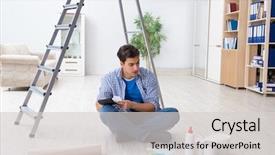  Presentation with budget - Slide deck featuring estimate cost - young man overspending his budget background and a light gray colored foreground