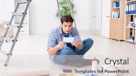  Presentation with education and budget - Amazing presentation theme having estimate cost - young man overspending his budget backdrop and a  colored foreground