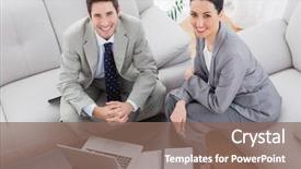  Presentation with working together - Colorful presentation theme enhanced with estrategia empresarial - smiling colleagues working together sitting backdrop and a  colored foreground