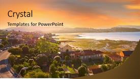  Presentation with village - Beautiful PPT theme featuring estuaries - combarro galician village aerial backdrop and a yellow colored foreground