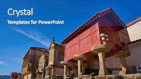  Presentation with cartoon village - Audience pleasing slide deck consisting of estuaries - horreo in combarro galician village backdrop and a  colored foreground