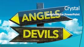  Presentation with angels - PPT layouts enhanced with ethical decisions - angels - devils signpost background and a teal colored foreground