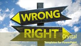  Presentation with wrong and right way - Audience pleasing PPT layouts consisting of ethical decisions - right - wrong crossroad backdrop and a gold colored foreground