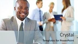  Presentation with man looking up happy - Presentation enhanced with ethnic background - portrait of happy boss looking background and a light blue colored foreground