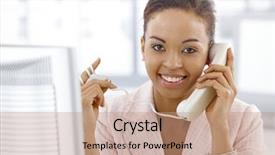  Presentation with ethnic disability - PPT theme enhanced with ethnic businesswoman on landline phone background and a coral colored foreground