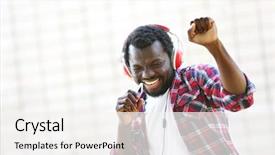  Presentation with ethnic - Presentation design consisting of ethnic dance - african american man with headphones background and a white colored foreground