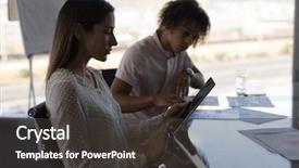  Presentation with meeting table - Audience pleasing PPT theme consisting of ethnic executives working on table backdrop and a dark gray colored foreground