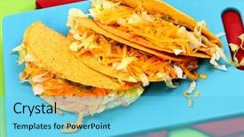  Presentation with cutting board - Presentation theme having ethnic food - three american style beef tacos background and a light blue colored foreground