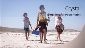  Presentation with multi ethnic group - Amazing PPT theme having ethnic friends carrying ice box backdrop and a light blue colored foreground