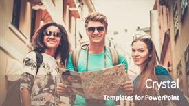  Presentation with old map - PPT theme featuring ethnic friends tourists with map background and a  colored foreground