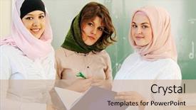  Presentation with multi ethnic group - Amazing PPT layouts having stands next to a pylon backdrop and a dark gray colored foreground.