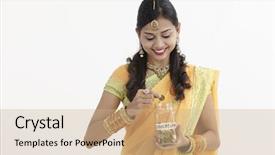  Presentation with ethnic malaysia - PPT theme featuring ethnic malaysia background - indian woman in glamorous traditional background and a coral colored foreground