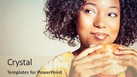  Presentation with ethnic minority - Slide deck with ethnic minority - black woman eating burger sandwich background and a lemonade colored foreground