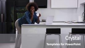  Presentation with black woman - Audience pleasing slide set consisting of ethnic minority - young smiling black woman using backdrop and a gray colored foreground