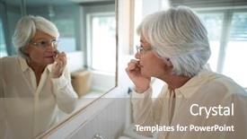  Presentation with skin infections erythroderma - Beautiful presentation design featuring ethnic skincare - senior woman checking her skin backdrop and a  colored foreground