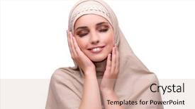  Presentation with arabic woman beautiful muslim face - PPT theme with ethnic skincare - woman in traditional muslim clothing background and a soft green colored foreground