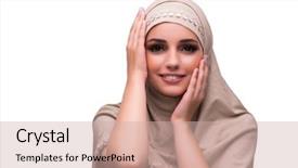  Presentation with woman muslim - Colorful PPT theme enhanced with ethnic skincare - woman in traditional muslim clothing backdrop and a soft green colored foreground
