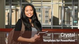  Presentation with college campus - Theme consisting of ethnic students - young oriental woman student holding background and a tawny brown colored foreground
