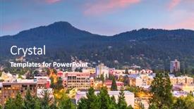  Presentation with cityscape - PPT theme featuring eugene oregon usa downtown cityscape and mountains at dusk background and a ocean colored foreground