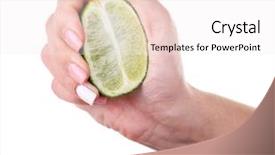  Presentation with lime green and white flower - Theme consisting of euman sours - female hand squeezing lime isolated background and a  colored foreground