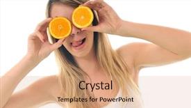  Presentation with orange fruit - Slides consisting of euman sours - happy young woman orange isolated background and a  colored foreground