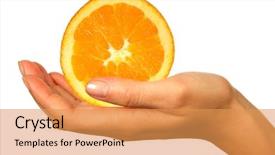  Presentation with orange slice - Presentation theme with euman sours - human hand isolated on white background and a yellow colored foreground