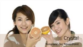  Presentation with two people holding hands - Beautiful presentation design featuring euman sours - two girl holding grapefruit half backdrop and a coral colored foreground