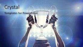  Presentation with trophy award hand holding - Slide deck having euphoria - cropped hand of athlete holding background and a light blue colored foreground