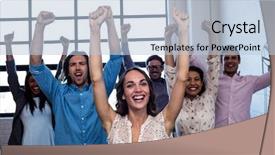  Presentation with coworkers - Slide set consisting of euphoria - group of coworkers hands up background and a  colored foreground