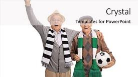  Presentation with soccer fans - Audience pleasing presentation design consisting of euphoria - overjoyed mature soccer fans backdrop and a white colored foreground