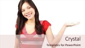  Presentation with product - Audience pleasing PPT theme consisting of eurasian woman presenting your product backdrop and a lemonade colored foreground