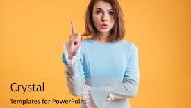  Presentation with idea - PPT layouts with pretty playful young woman pointing up and having an idea over yellow background background and a yellow colored foreground
