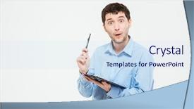  Presentation with happy sad face man - Cool new theme with eurica - happy man holding pen backdrop and a sky blue colored foreground